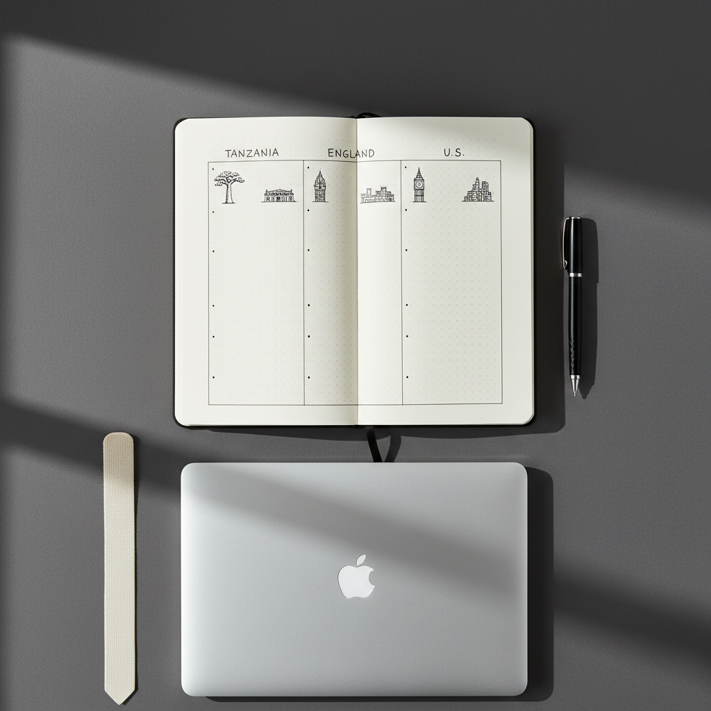 A sleek, open notebook with dotted ivory pages showing a carefully drawn three-column layout labeled “Tanzania,” “England,” and “U.S.” in precise black ink, each column containing bullet points and small location icons sketched with architectural clarity. The notebook rests on a dark, matte desk surface alongside a fine black technical pen, a closed silver laptop, and a neutral-toned bookmark, all aligned in a grid-like arrangement. Soft afternoon daylight from a nearby window creates controlled highlights along the notebook’s edges and subtle, directional shadows, setting a calm and deliberate mood. Captured from directly above in a flat-lay composition with photographic realism and sharp focus, the image emphasizes clean lines, balanced composition, and a modern corporate aesthetic, visually representing the structured planning of a life-spanning memoir.