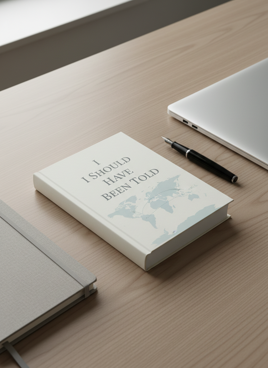 A hardcover memoir titled “I Should Have Been Told” resting closed on a smooth, light oak desk, its minimalist cover featuring a simple typographic title over a subtle world map outline connecting Tanzania, England, and the U.S. A neutral-toned notebook, a black fountain pen, and a slim silver laptop are arranged with precise spacing around it, suggesting a structured writing process. Soft, diffused daylight from an unseen window washes across the surface, creating gentle, elongated shadows and a calm, reflective mood. Shot from a slightly elevated, three-quarter angle with sharp focus throughout, the composition uses clean lines and balanced negative space. The photographic style is crisp and professional, with cool neutral tones and a corporate, modern aesthetic suited for a memoir website homepage hero image.
