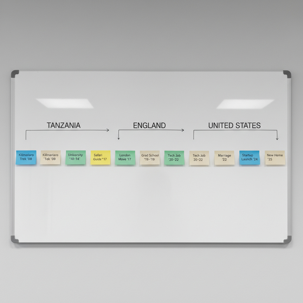 A minimalist travel timeline displayed on a long, horizontal whiteboard mounted on a light gray wall, featuring three cleanly printed headings: “Tanzania,” “England,” and “United States,” each underlined with thin black lines and connected by a precise arrow. Below every heading, small, color-coded index cards and neutral sticky notes are aligned in tidy rows, suggesting key life chapters and dates. Cool diffused office lighting from above creates soft reflections on the whiteboard surface and crisp, orderly shadows from the cards. Photographed straight-on at eye level with sharp focus across the board, the composition emphasizes clean geometry, negative space, and a corporate, presentation-ready feel. The photographic realism and structured layout convey an organized, analytical approach to recounting a personal migration story.