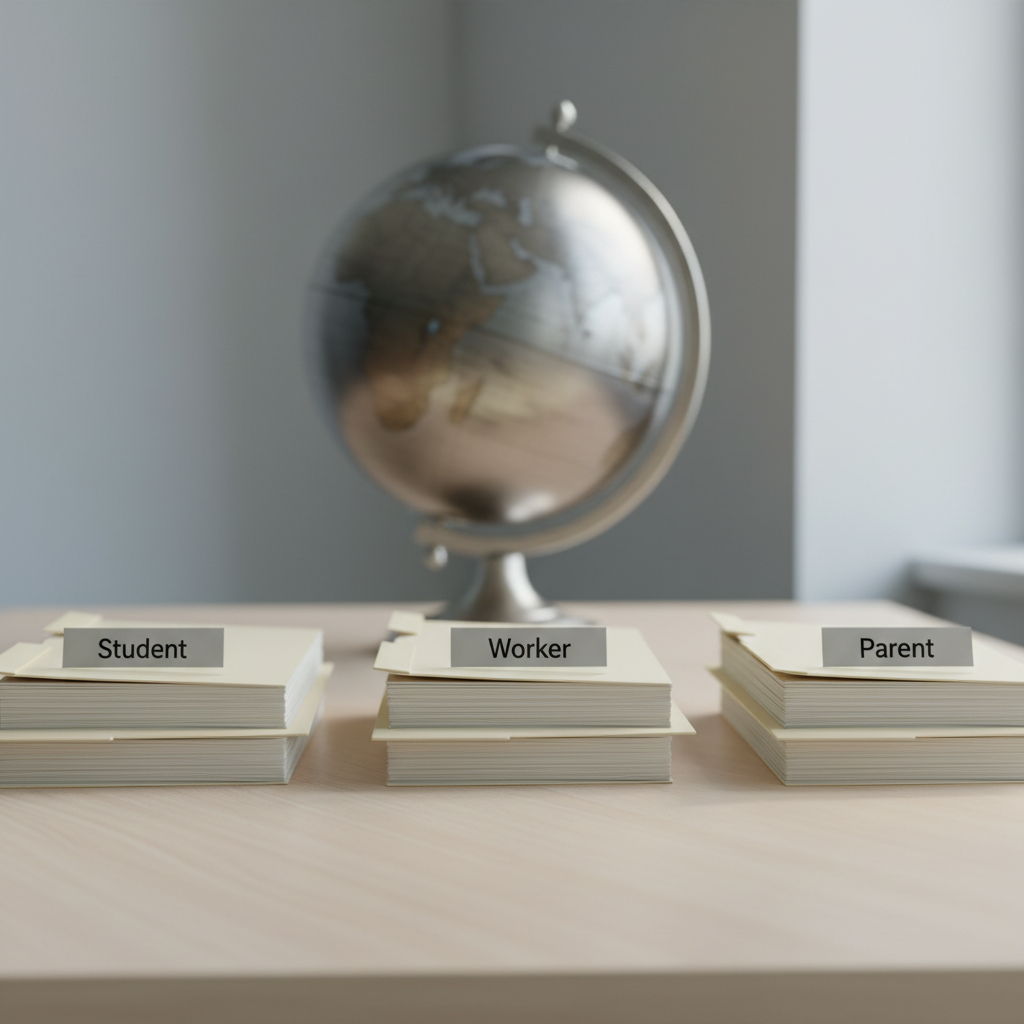 An orderly study desk featuring three distinct stacks of documents labeled “Student,” “Worker,” and “Parent” with sleek, minimalist label tags in muted gray. Each stack is composed of neatly arranged cream-colored papers and slim, neutral-toned folders, aligned with precision on a pale wood surface. A subtle world globe in brushed metal sits in the background, slightly out of focus. Cool, soft overhead lighting and faint daylight from the right create refined shadows and highlight the textures of paper and metal. Shot from a slightly elevated angle with a shallow depth of field that keeps the labels sharply defined, the composition is symmetrical yet airy. The mood is professional and introspective, using a clean, photographic style that reflects a structured memoir of evolving roles in life.