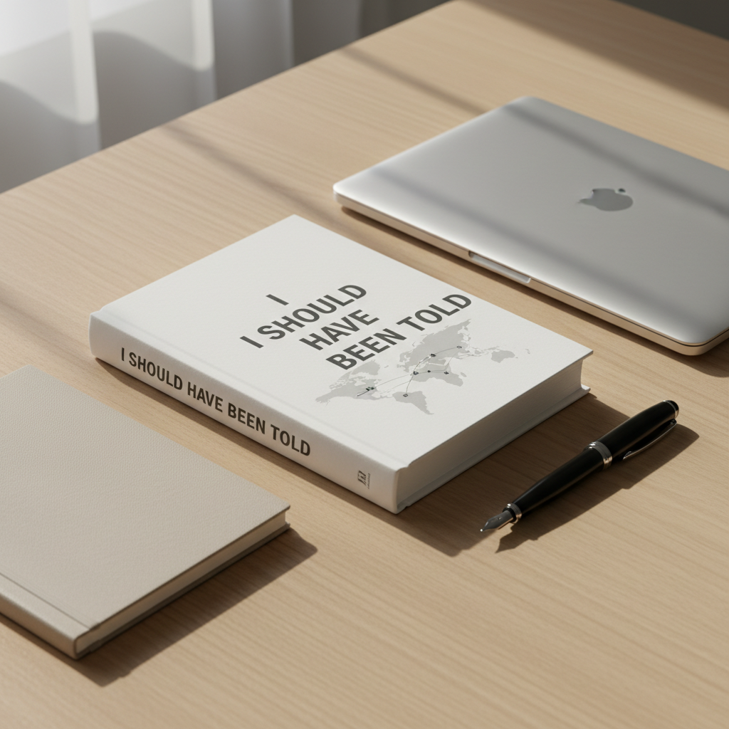 A hardcover memoir titled “I Should Have Been Told” resting closed on a smooth, light oak desk, its minimalist cover featuring a simple typographic title over a subtle world map outline connecting Tanzania, England, and the U.S. A neutral-toned notebook, a black fountain pen, and a slim silver laptop are arranged with precise spacing around it, suggesting a structured writing process. Soft, diffused daylight from an unseen window washes across the surface, creating gentle, elongated shadows and a calm, reflective mood. Shot from a slightly elevated, three-quarter angle with sharp focus throughout, the composition uses clean lines and balanced negative space. The photographic style is crisp and professional, with cool neutral tones and a corporate, modern aesthetic suited for a memoir website homepage hero image.