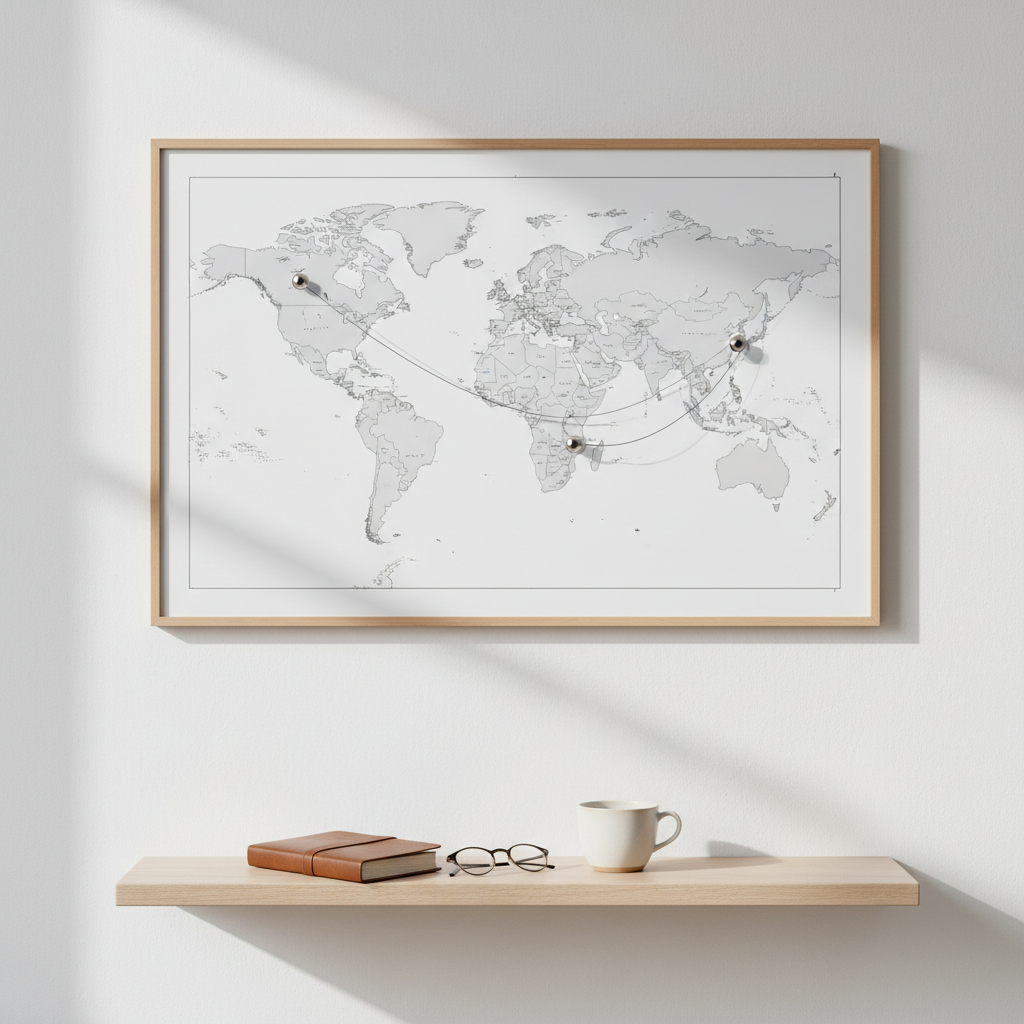 A large, neatly framed world map pinned on a matte white wall, with three small, metallic markers placed precisely on Tanzania, England, and the U.S., connected by a thin, continuous silver line. Below, a narrow floating shelf in pale wood holds a closed leather-bound journal, a neutral ceramic cup, and a pair of reading glasses carefully aligned. Indirect natural light from the left creates soft gradients on the wall and subtle reflections on the glass frame, evoking contemplation and quiet determination. Captured at eye level with a rule-of-thirds composition, the foreground shelf is in crisp focus while the periphery gently softens. The photographic realism and clean, corporate aesthetic emphasize an organized, purposeful life journey across continents.